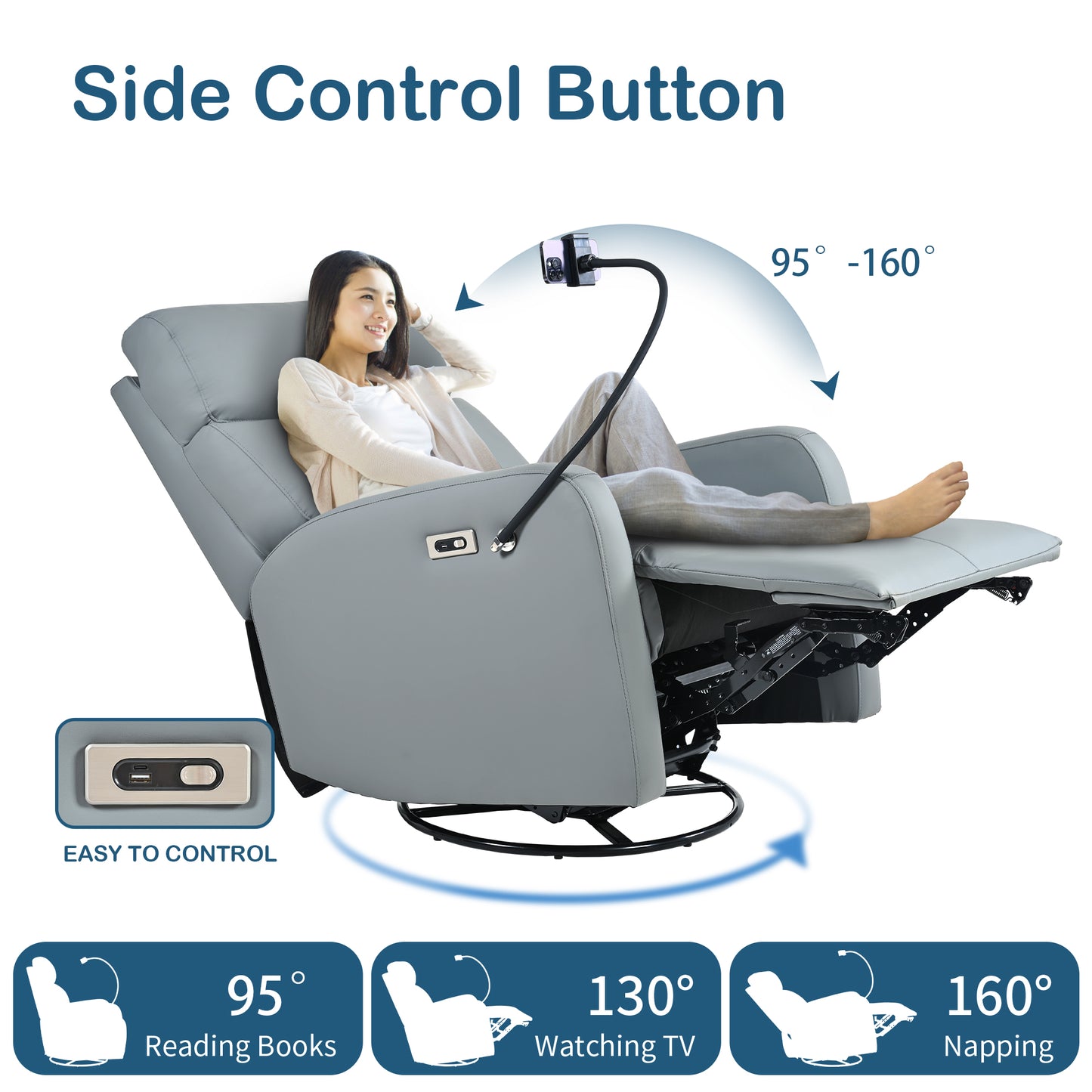 Gray reclining armchair with side control panel and integrated USB ports
