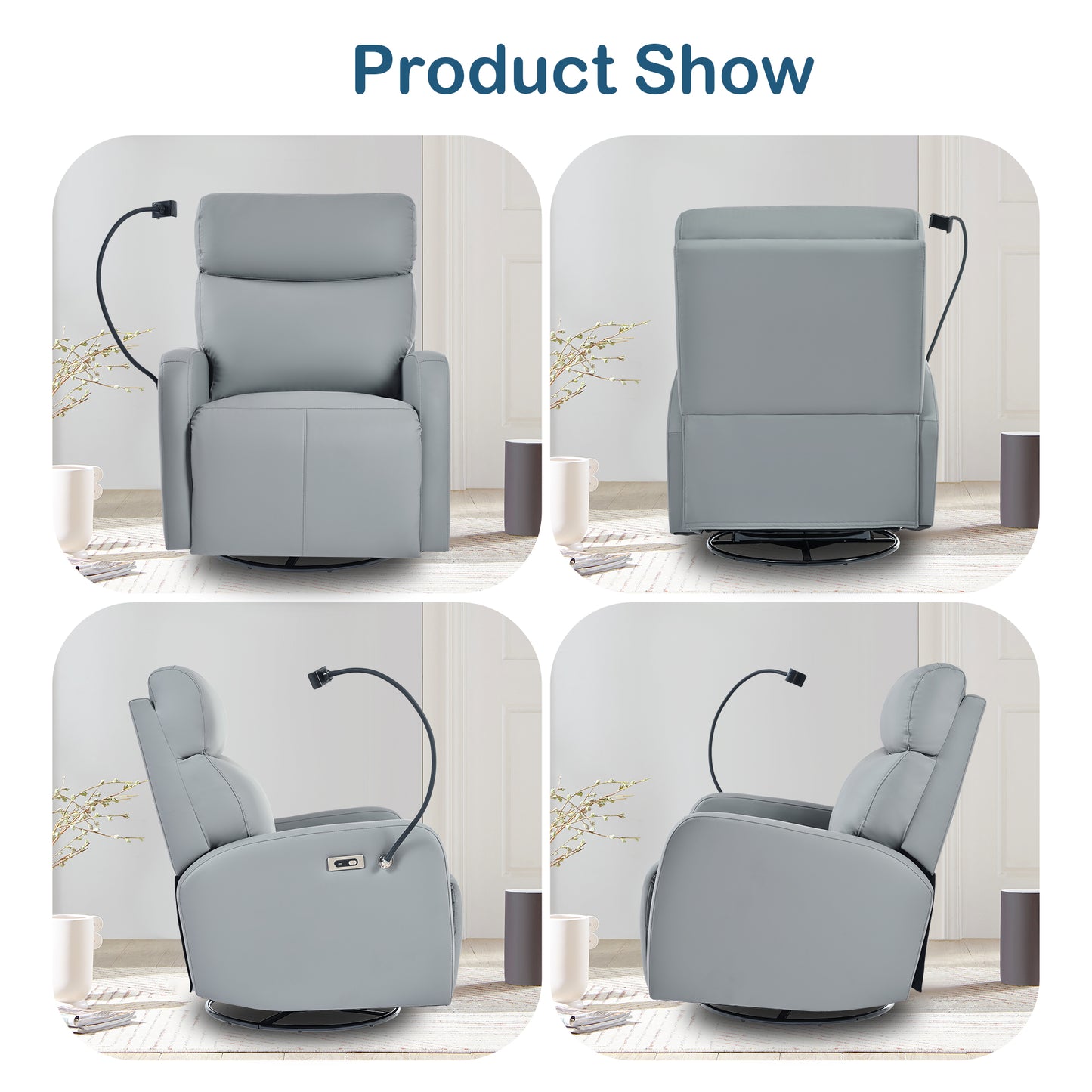 Gray recliner chair with attached reading lamp and plush cushioning