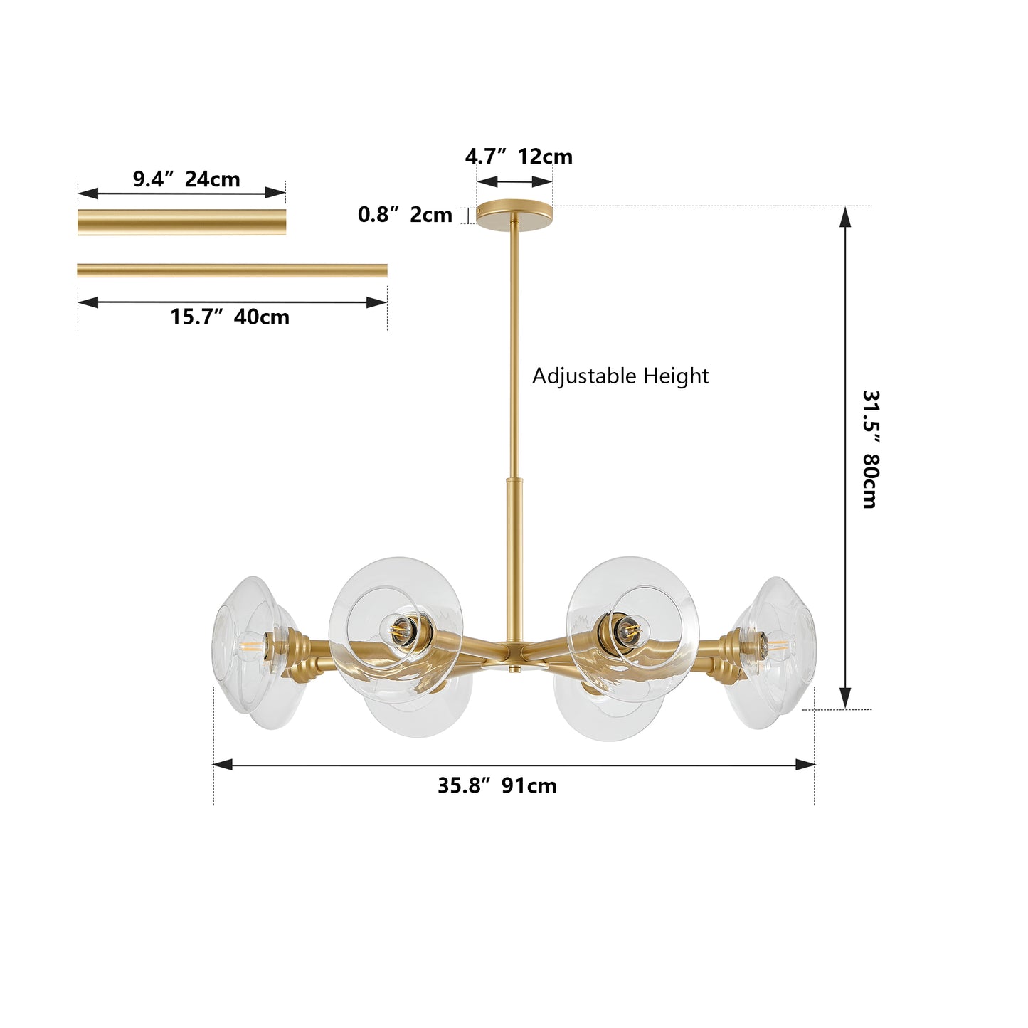 Modern brass chandelier with clear glass globe shades and adjustable height perfect for dining rooms