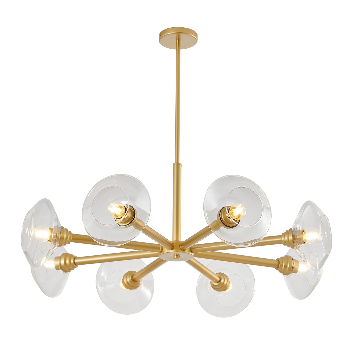Modern gold chandelier with clear glass shades and eight lights