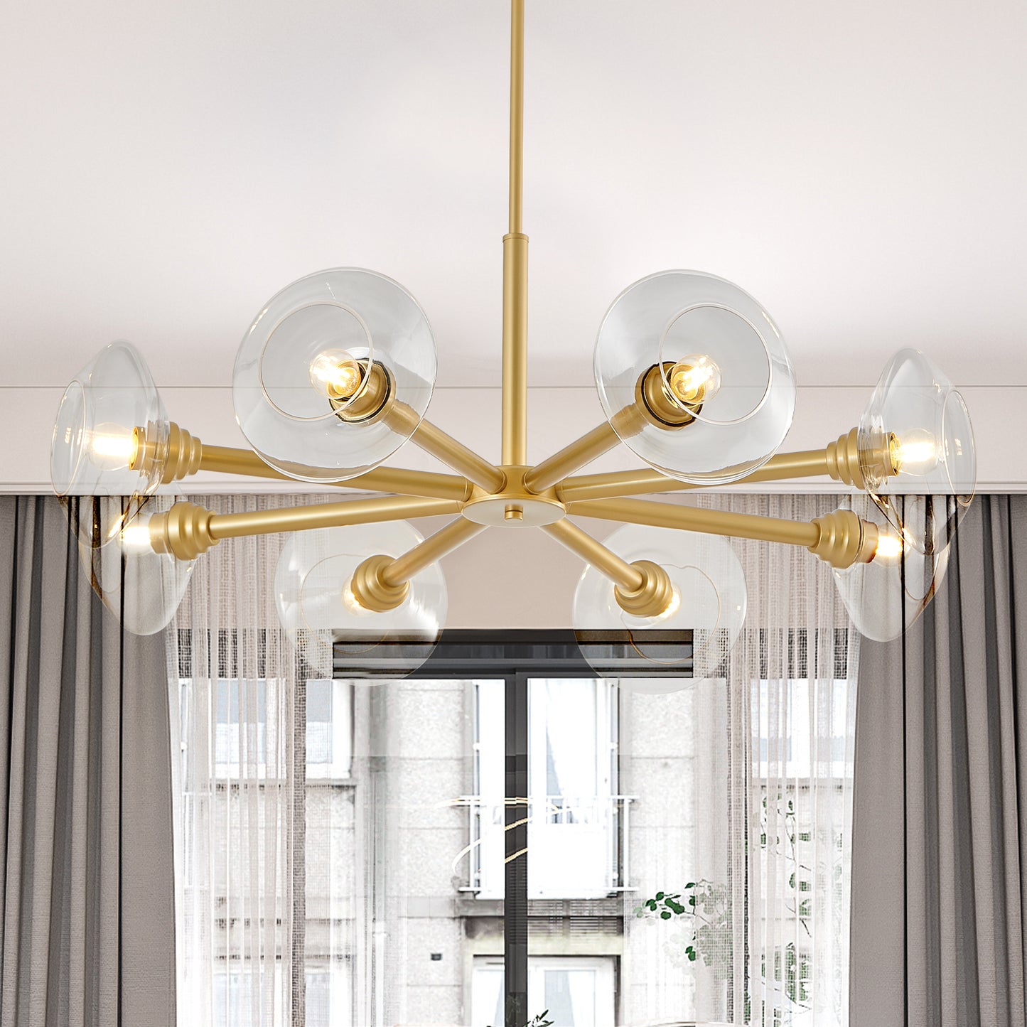 Sleek modern gold chandelier with eight glass globe shades perfect for dining room lighting