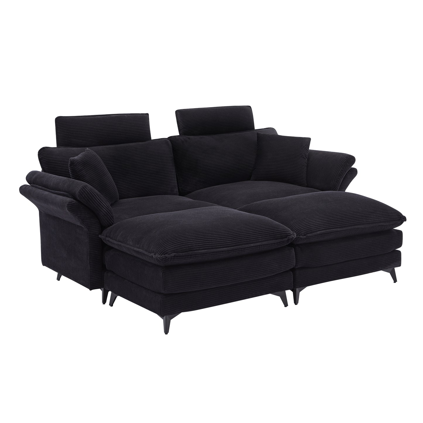Black corduroy sectional sofa with adjustable headrests for modern living room comfort