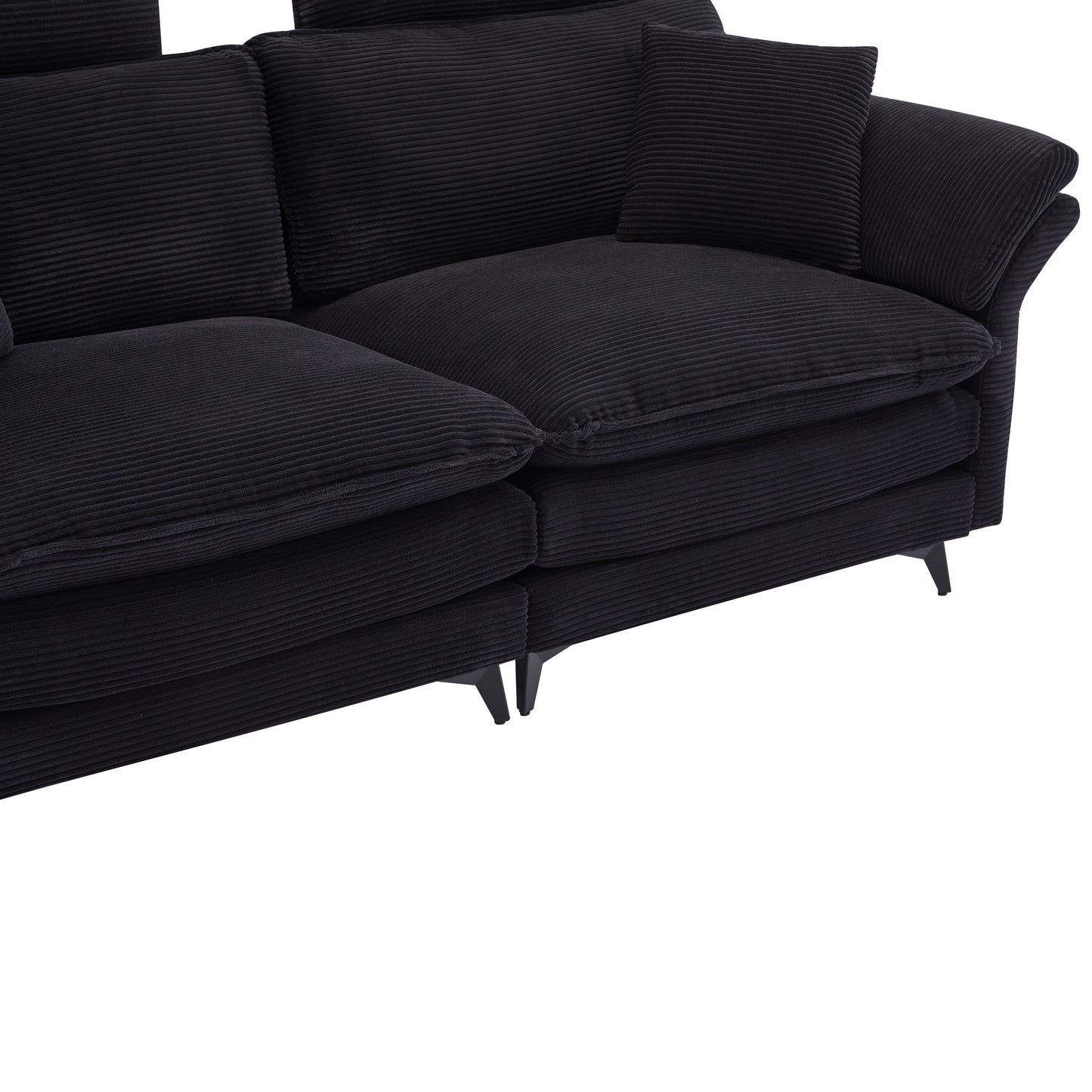 Luxurious black corduroy sectional sofa with plush cushions and modern black legs