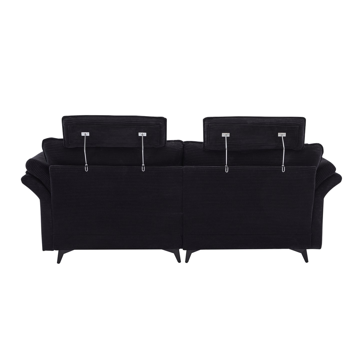Black corduroy sofa with adjustable headrests and sleek metal accents