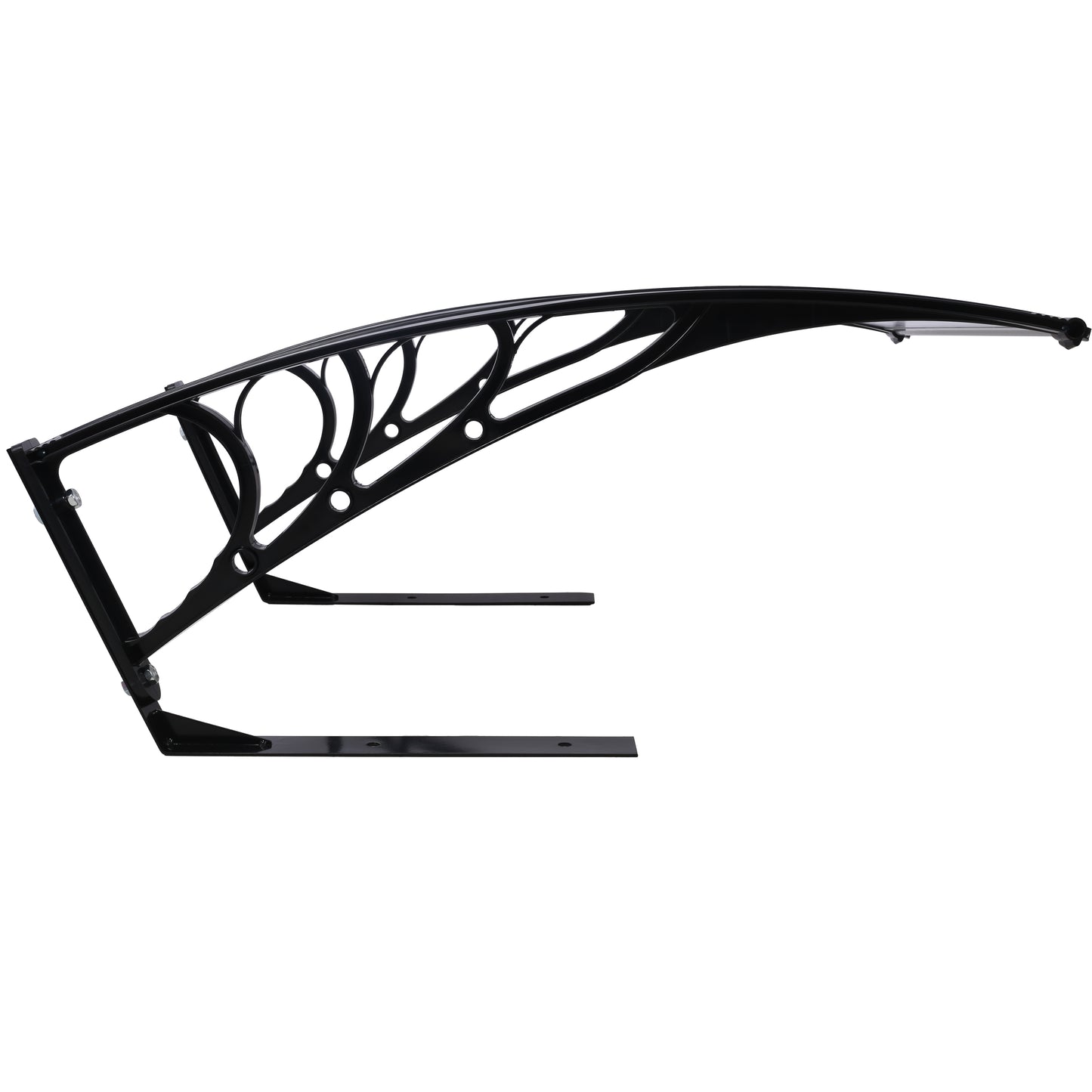 Black polycarbonate door canopy with decorative metal supports ideal for porch protection