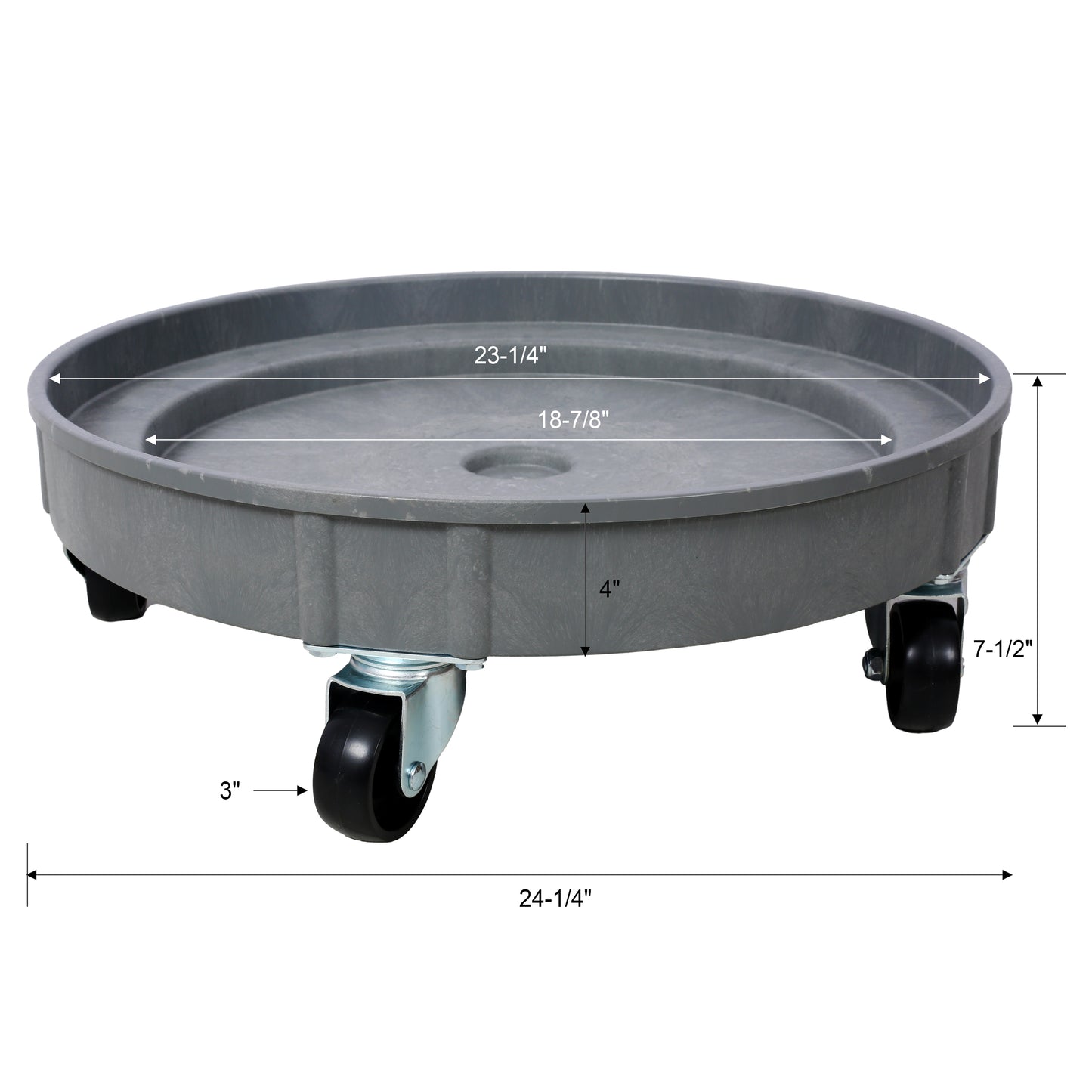 Gray plastic plant caddy with four black casters and dimensions labeled
