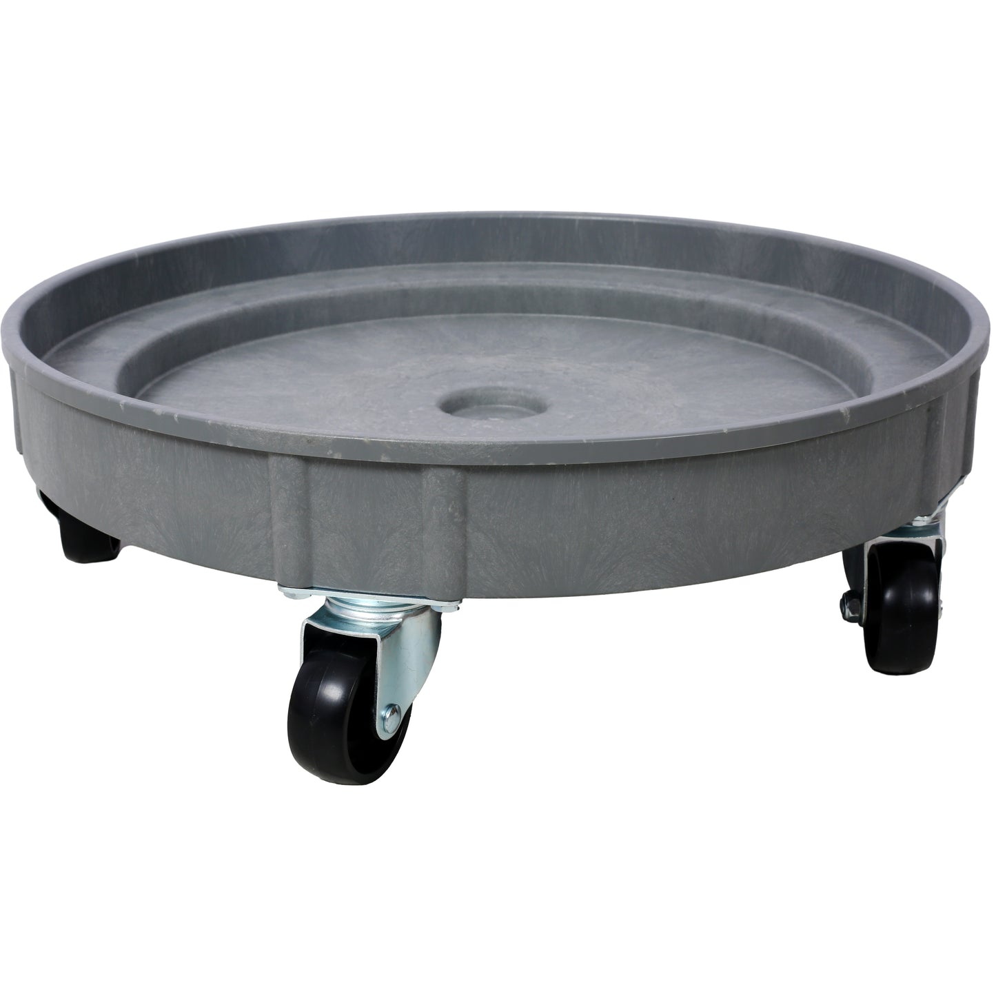 Round gray plastic plant caddy with four swivel casters for easy mobility