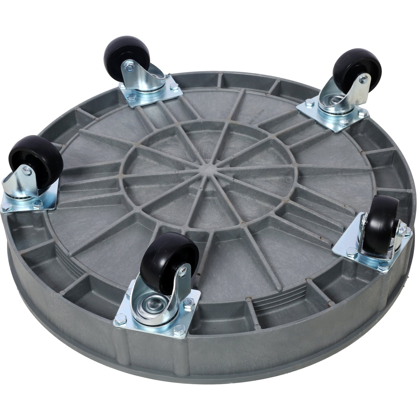 Gray round dolly with five black swivel caster wheels for easy furniture moving