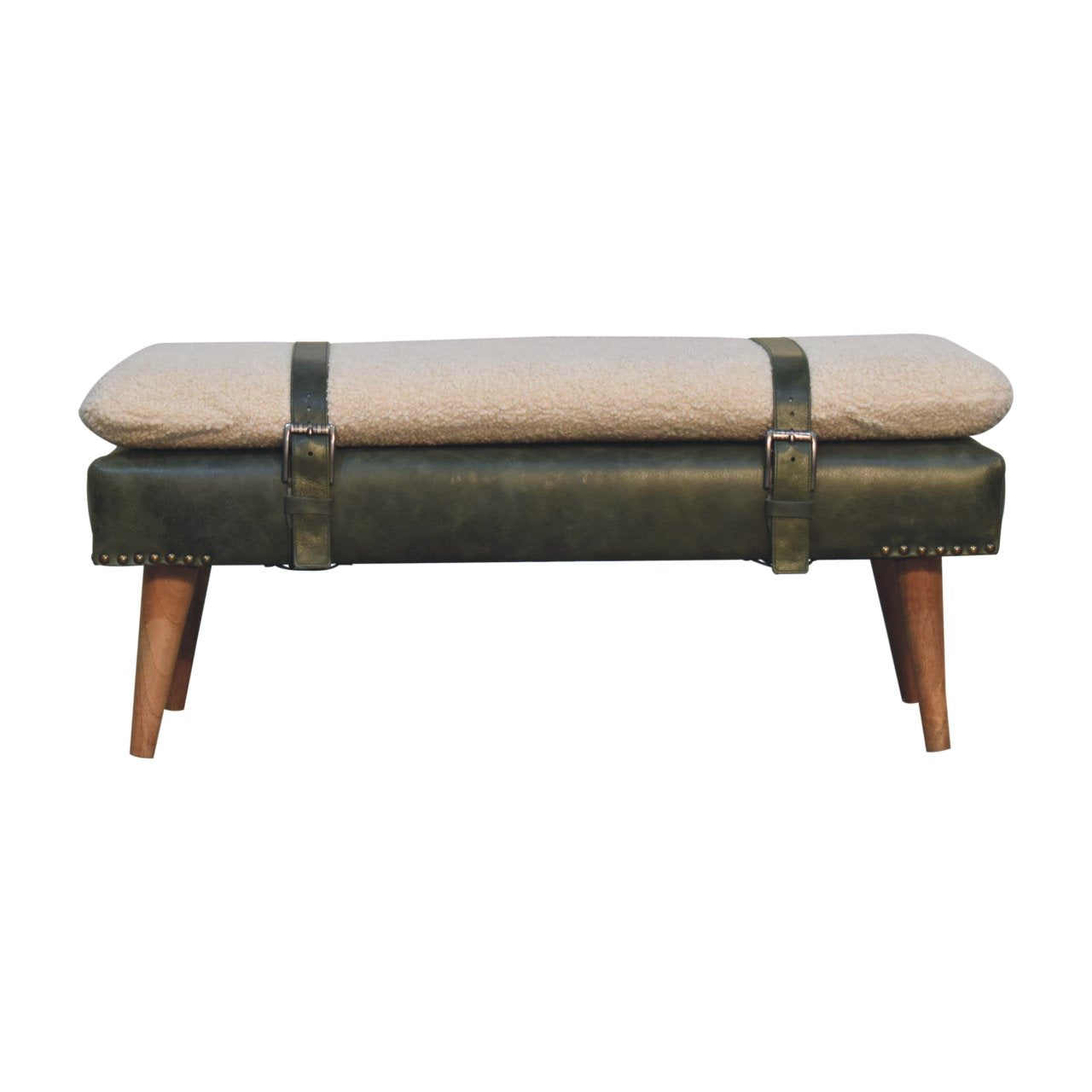 Green leather storage bench with sheepskin cushion and buckle straps