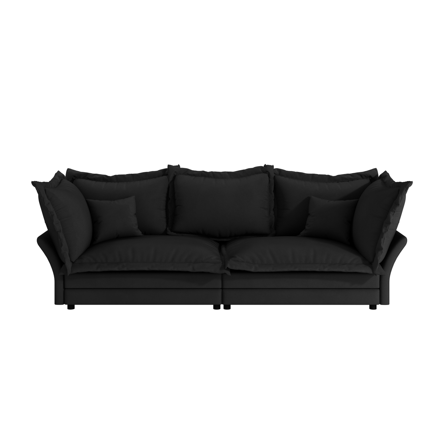 Plush black velvet sofa with five scatter cushions perfect for a modern living room