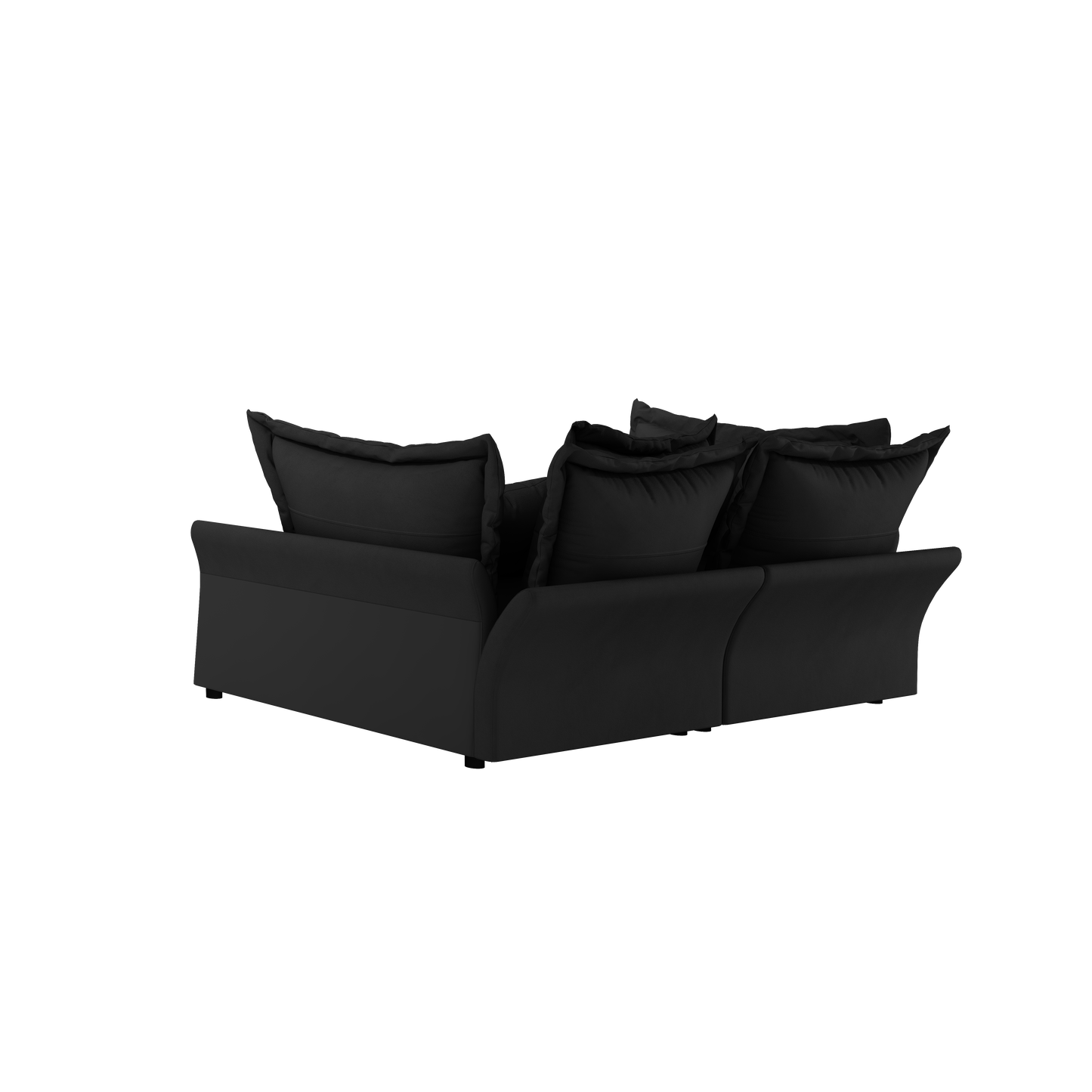 Black leather modern couch with deep seat cushions and soft back pillows