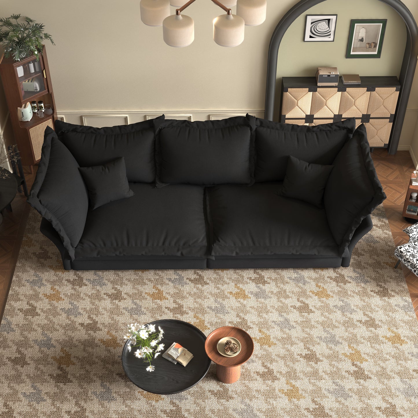 Plush black sofa with deep seat cushions and modern design perfect for living room comfort