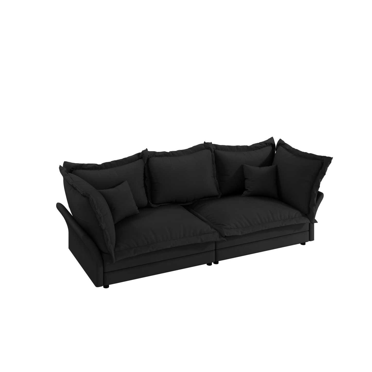 Plush black velvet sofa with deep seating and scattered throw pillows for ultimate comfort