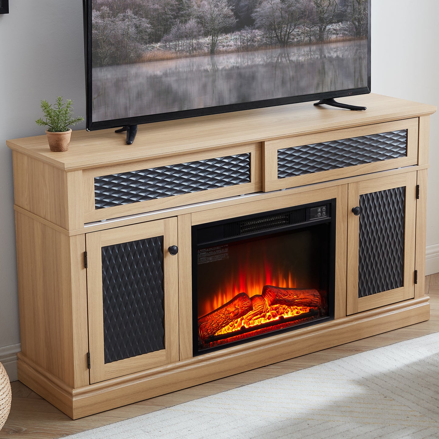 Oak media console with electric fireplace and diamondpatterned inserts