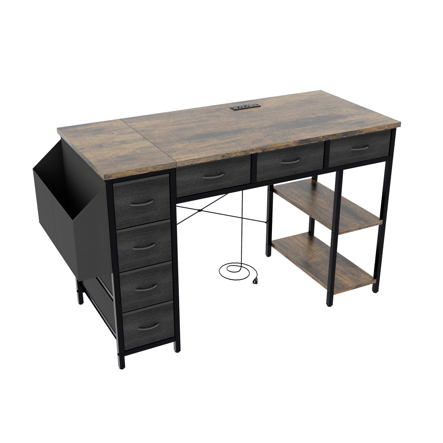 Rustic wood computer desk with drawers and shelving ideal for home office setup