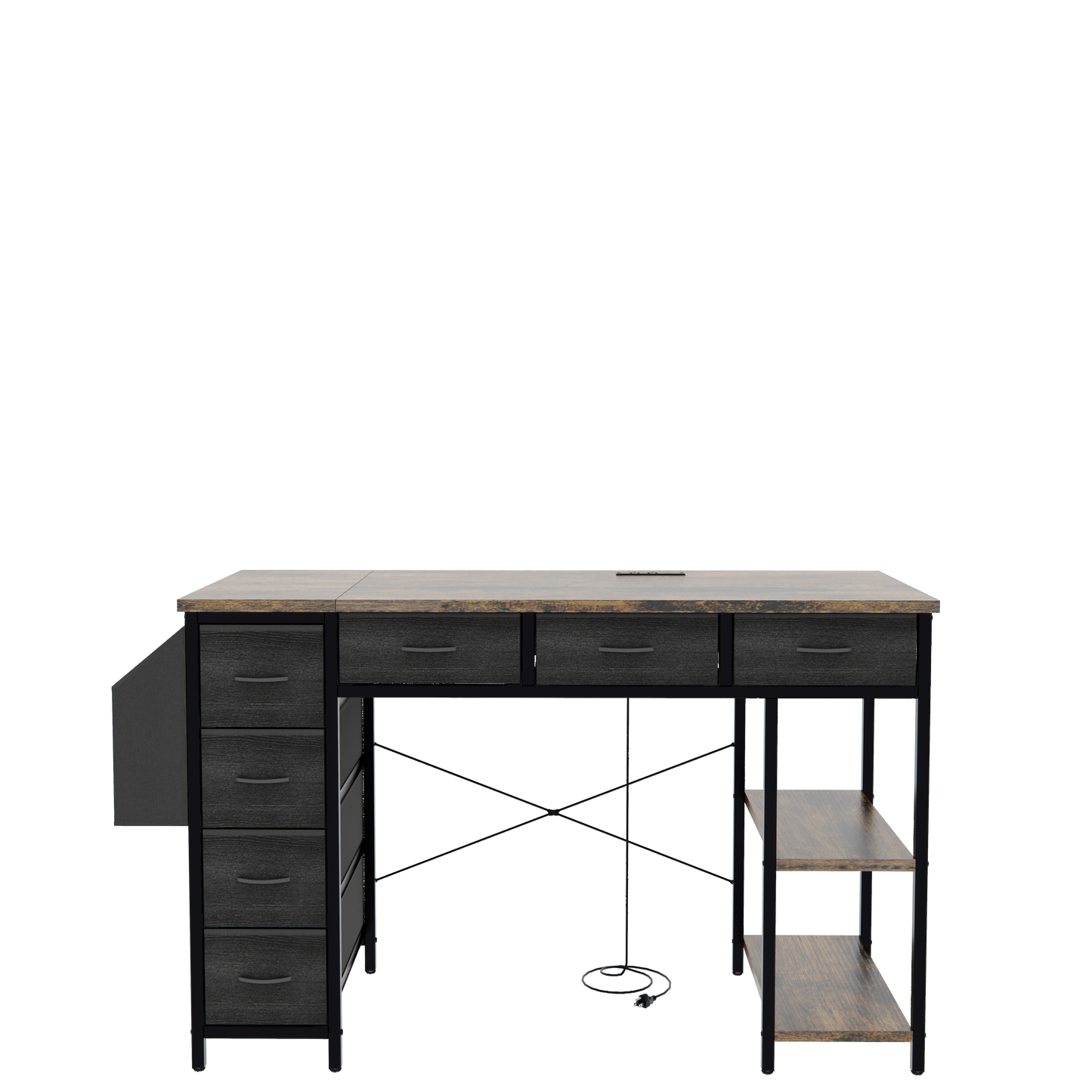 Modern industrial writing desk with five dark grey fabric drawers and a rustic wood top