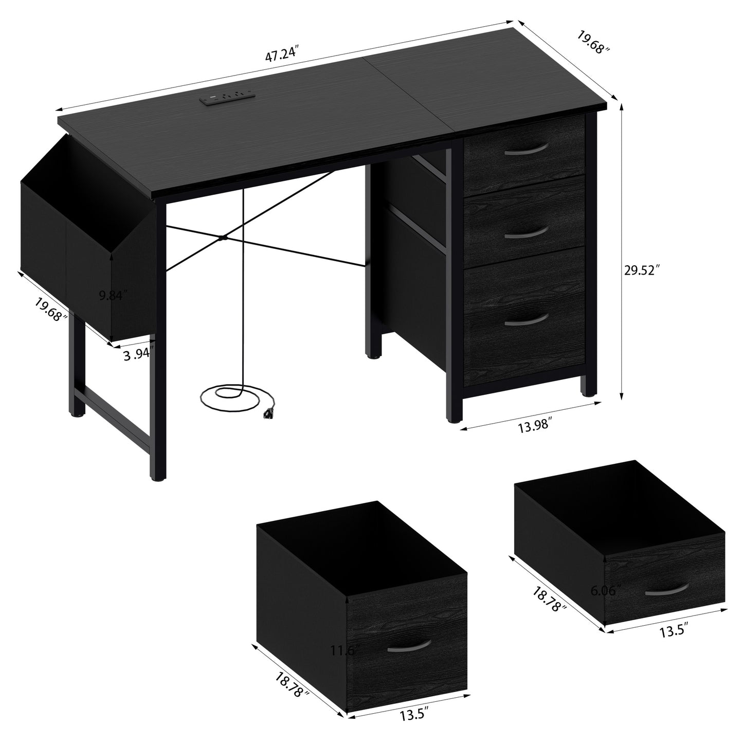 Black wood grain computer desk with builtin power outlet and side storage shelf