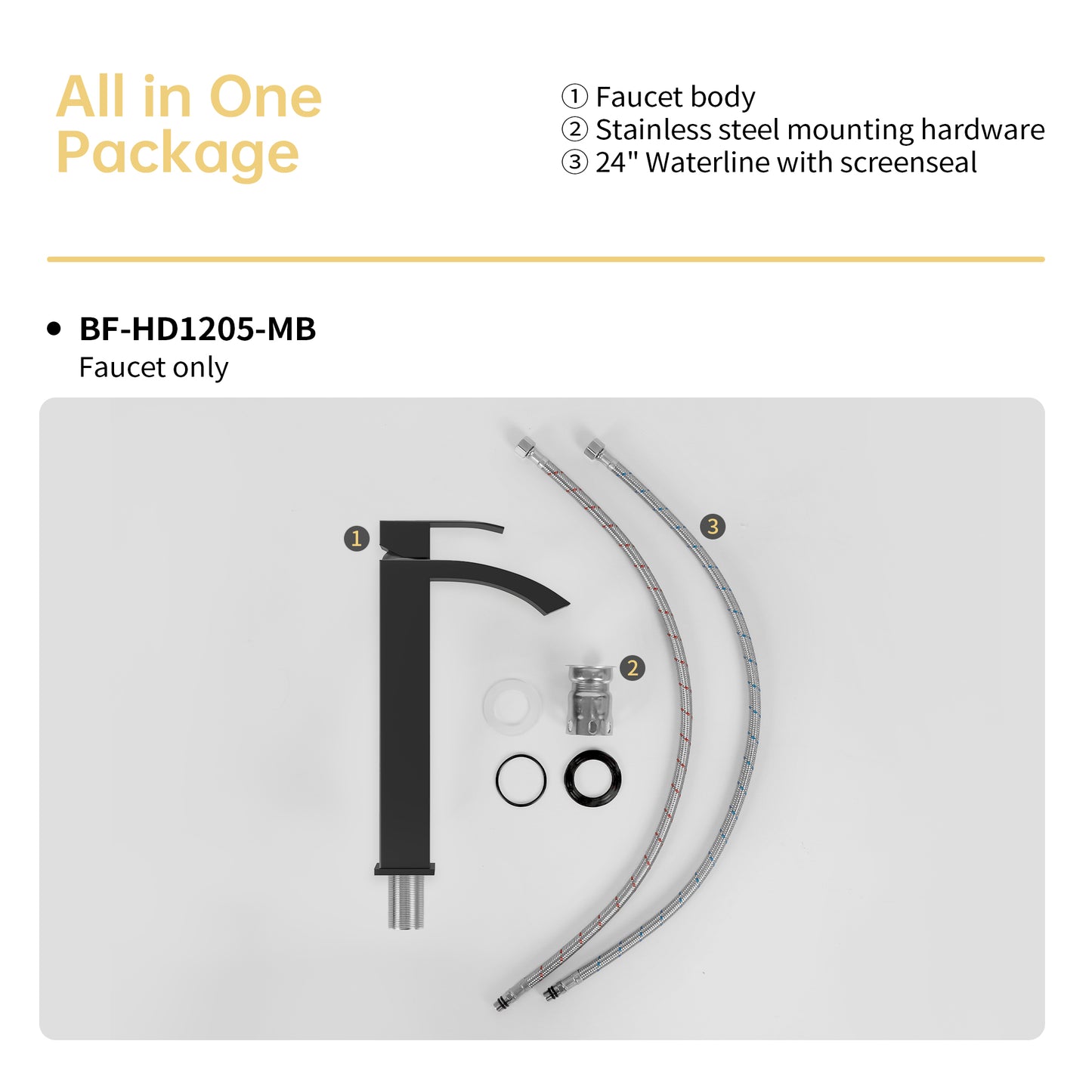 Black matte modern faucet body with stainless steel hoses and mounting hardware