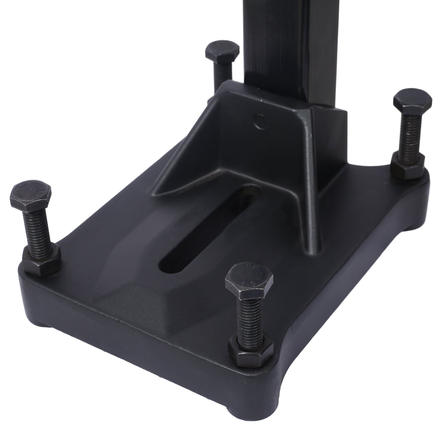 Black metal drill press stand base with four hex bolts for stability and secure mounting