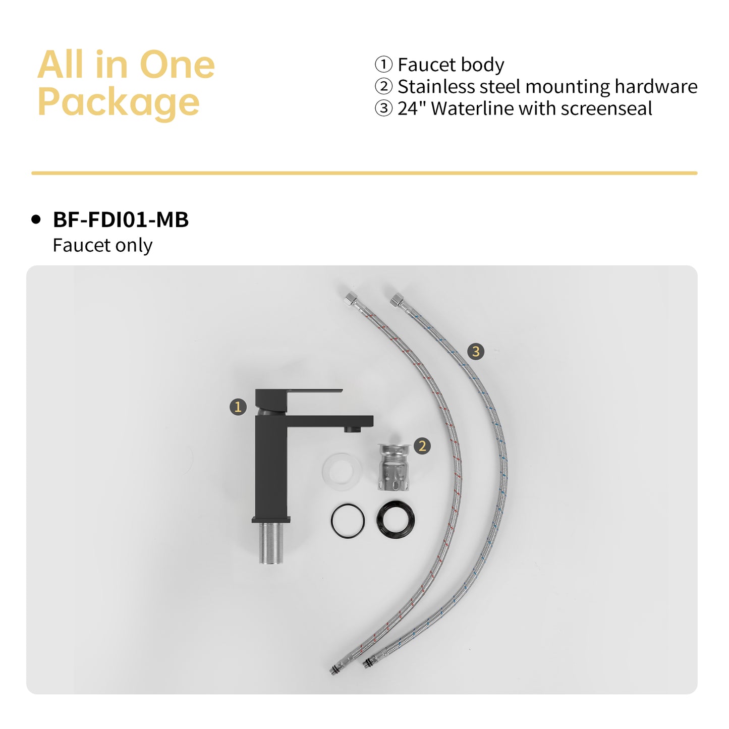 Modern black singlehandle faucet with stainless steel mounting hardware and waterlines