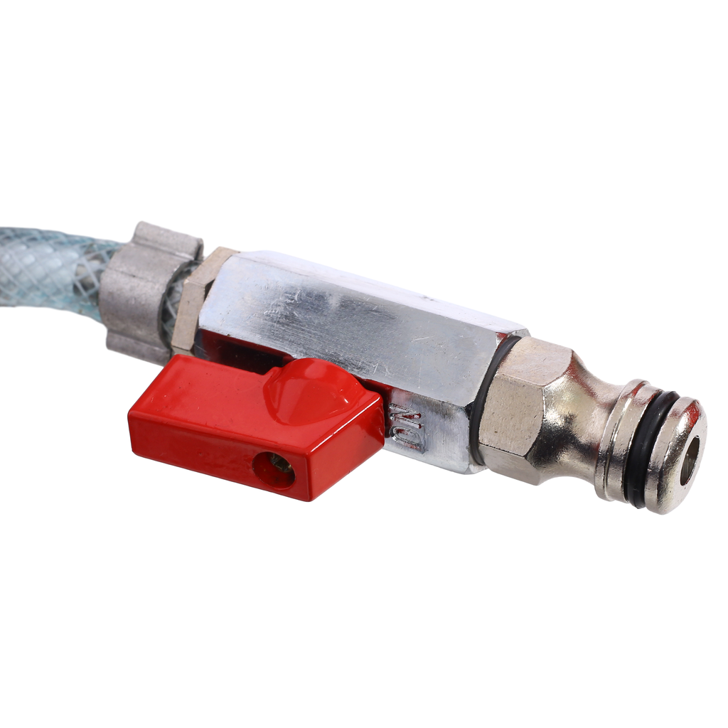 Metal garden hose connector with red valve lever and clear tubing