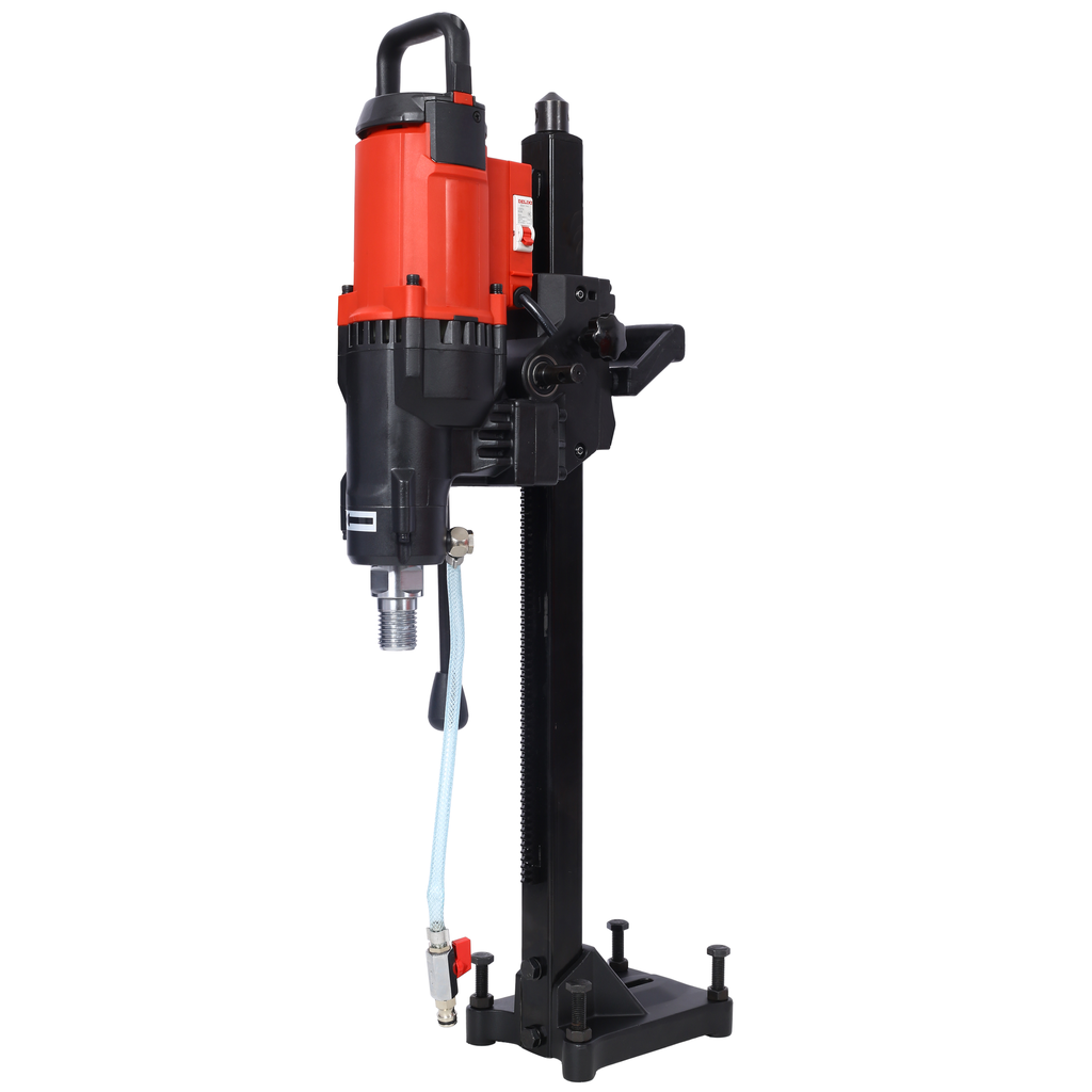 Red and black heavyduty core drill with stand for concrete drilling