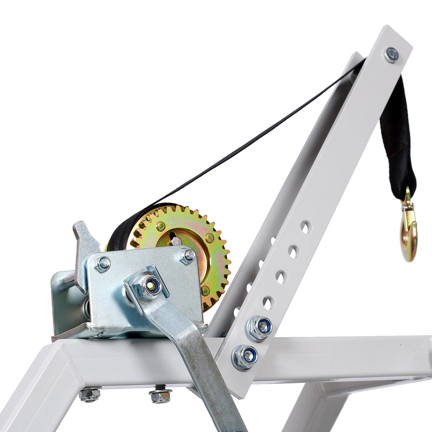 Closeup of a heavyduty manual boat winch with a steel frame black strap and hook
