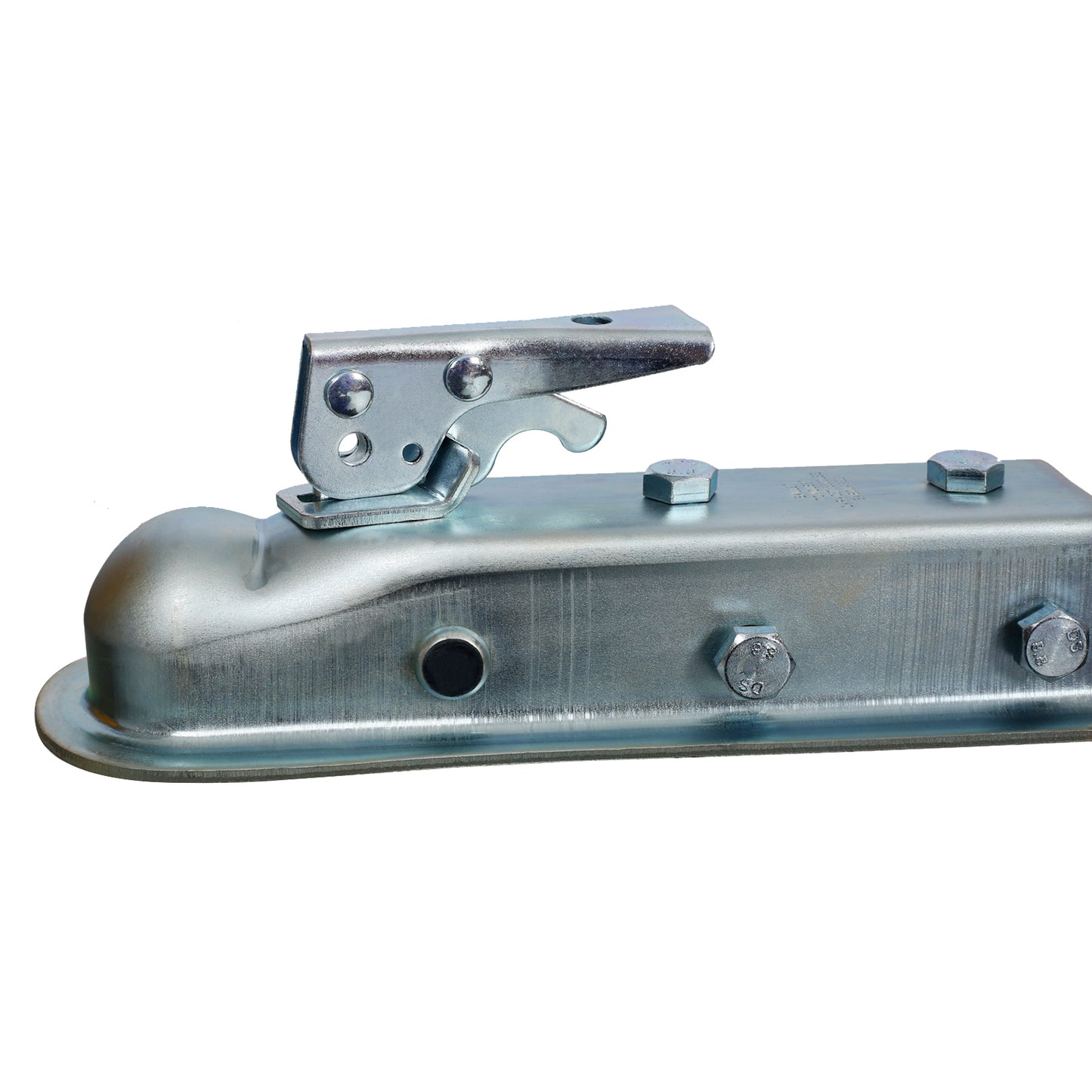 Galvanized steel trailer coupler with lock lever and bolts for secure towing