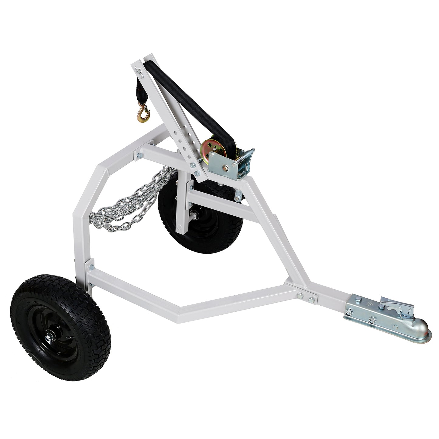 White boat trailer jack stand with winch strap and two solid rubber tires