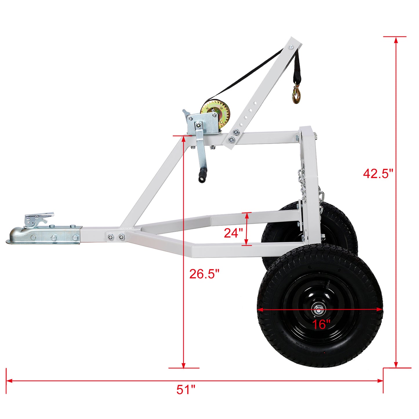 Gray steel trailer frame with manual winch and hook for easy boat loading