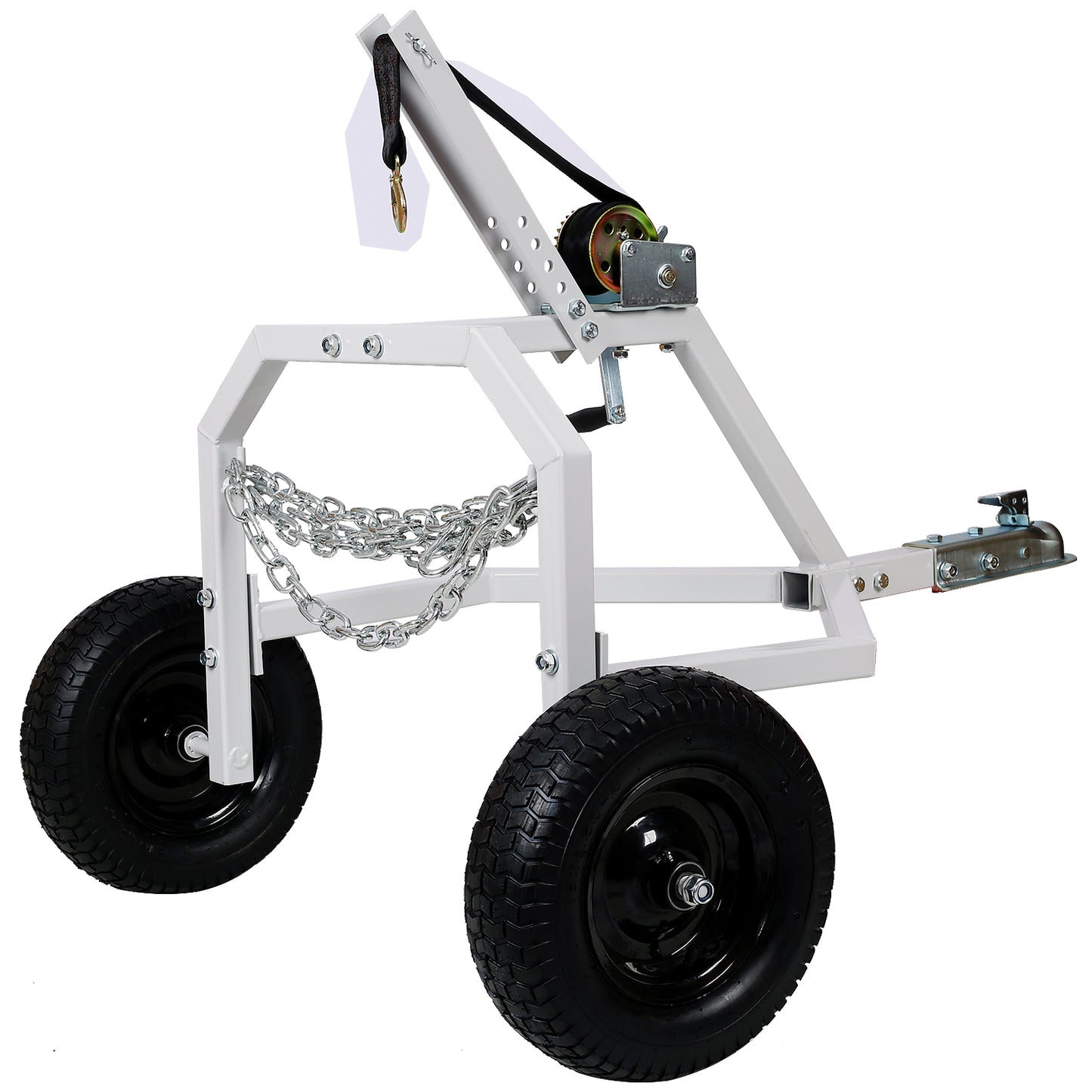 White steel boat trailer jack with winch strap and dual tires