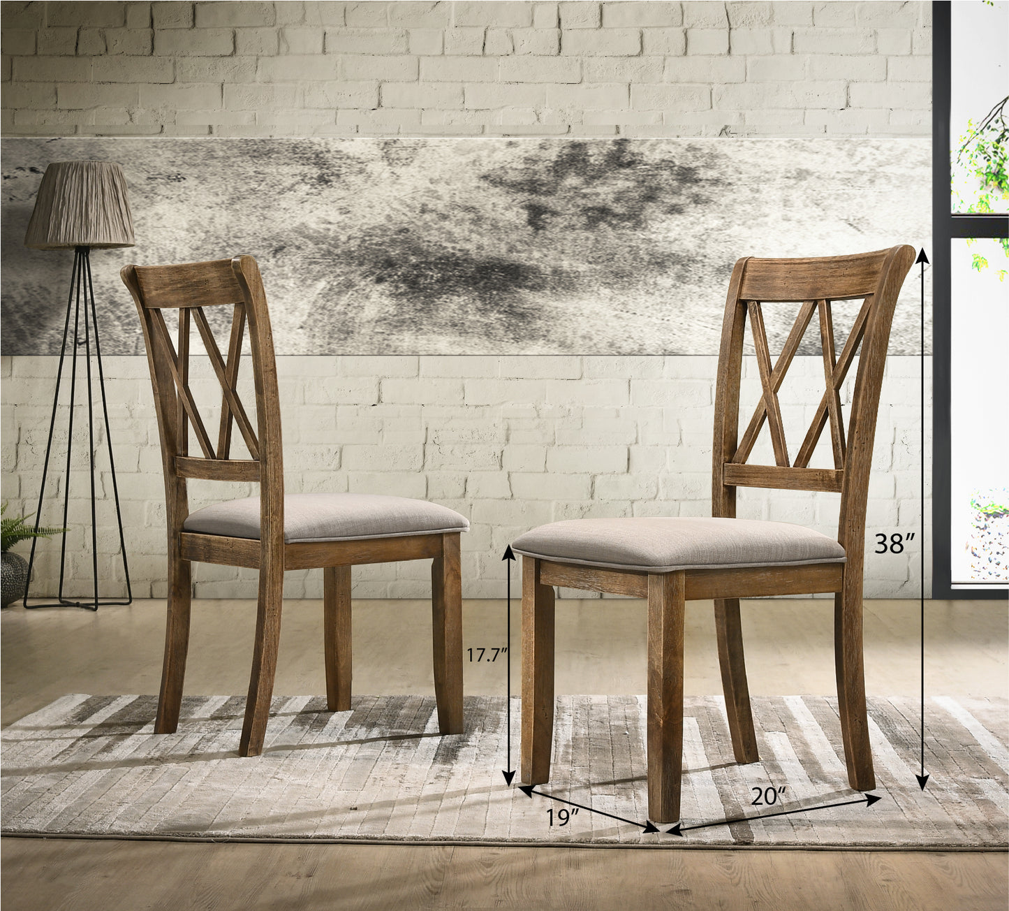 Rustic oak dining chair with grey upholstered seat and Xback design