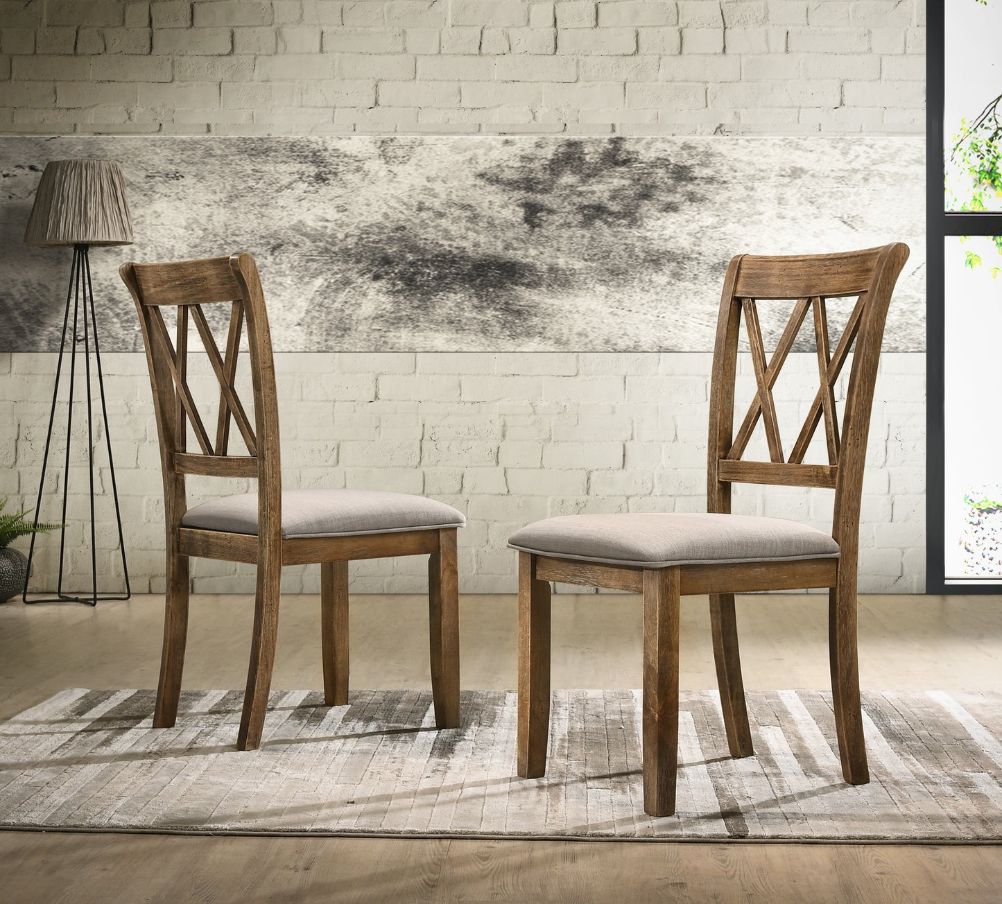 Rustic wooden dining chair with upholstered seat and Xback detail
