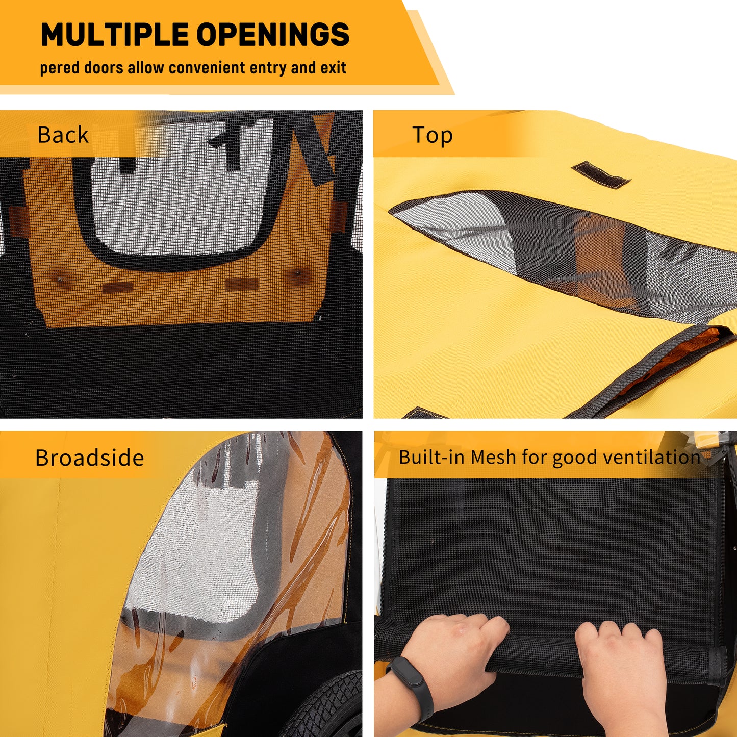 Yellow pet trailer with multiple openings and mesh ventilation for easy access and airflow