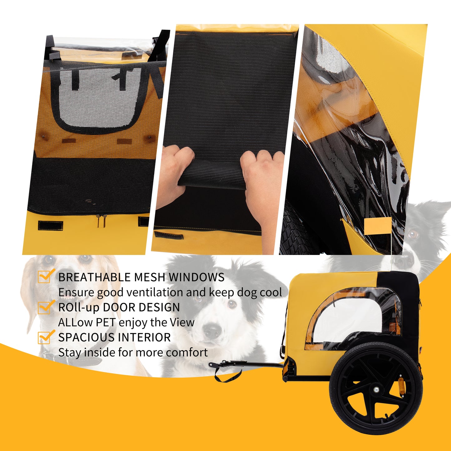 Yellow dog trailer with breathable mesh windows and rollup door for pet visibility