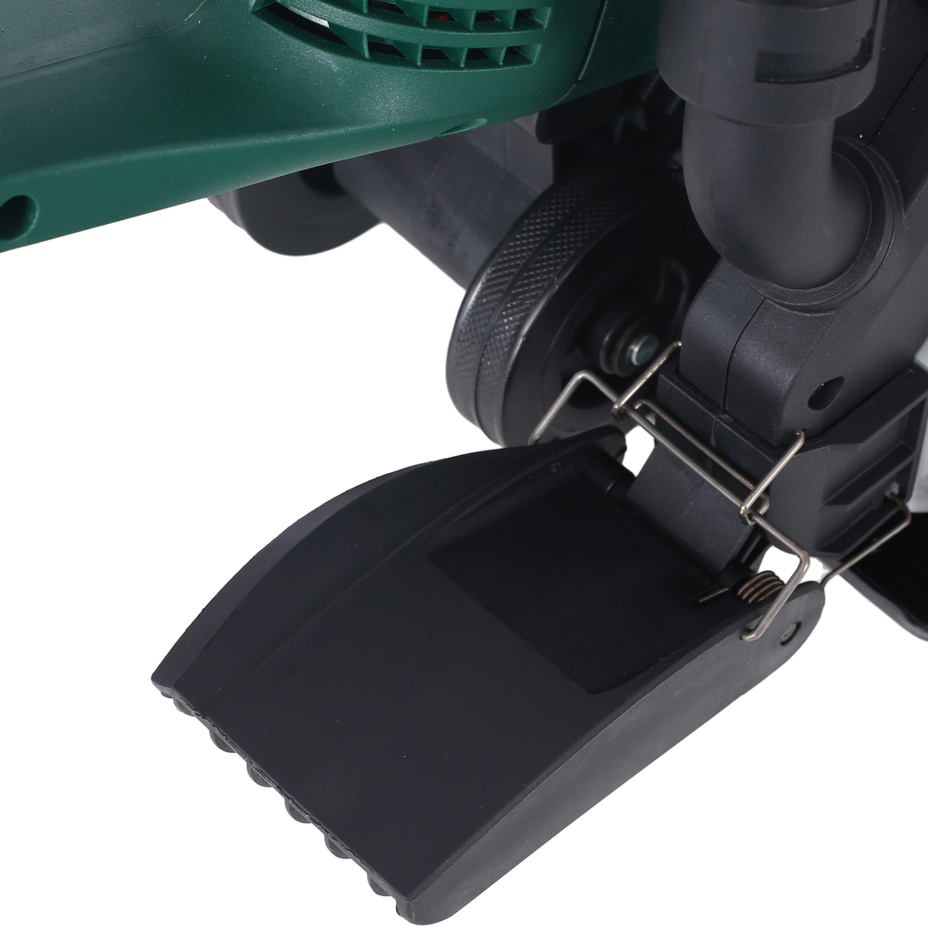 Green electric hedge trimmer blade guard with textured edge