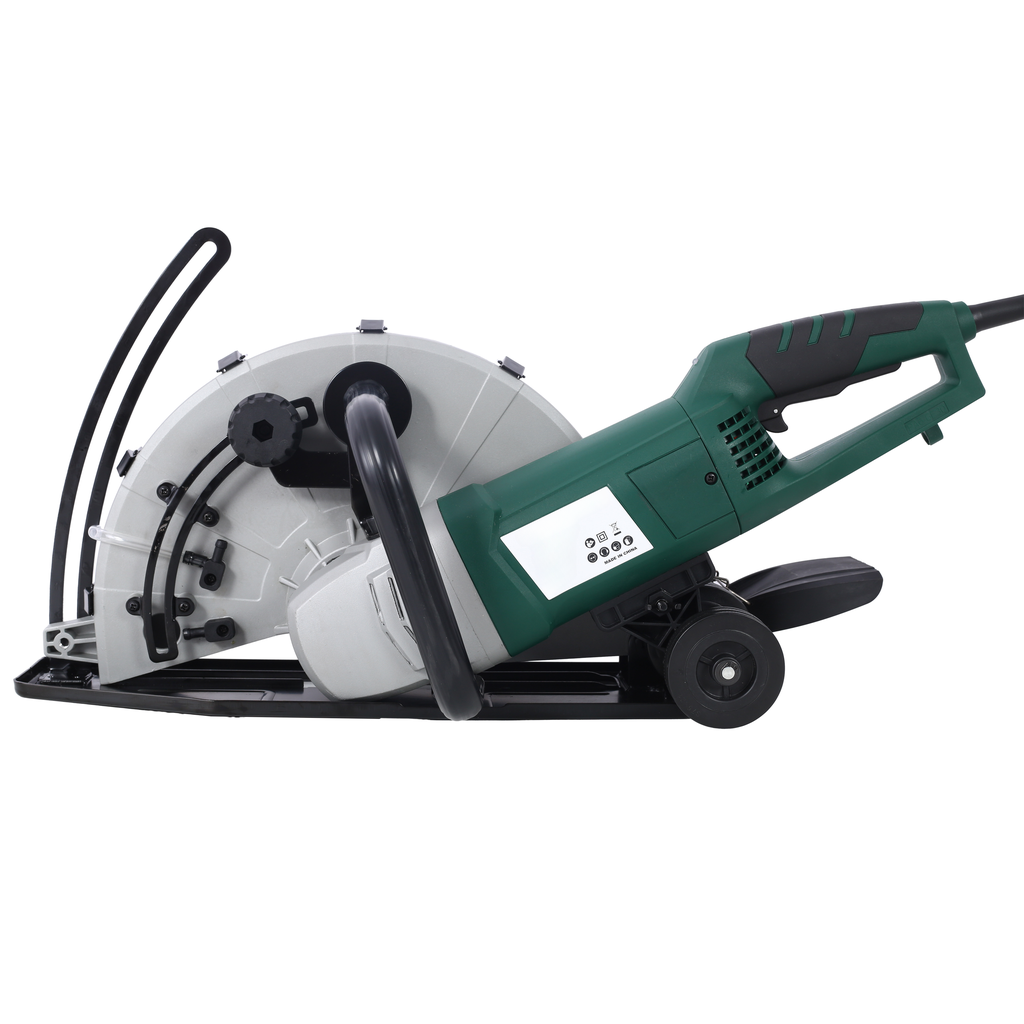Green and gray electric circular saw with a large blade and guide wheels