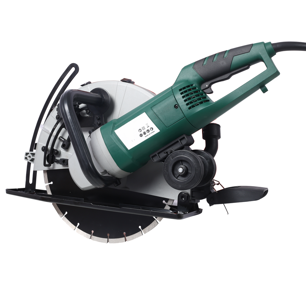 Green and gray electric wet saw with diamond blade for concrete cutting