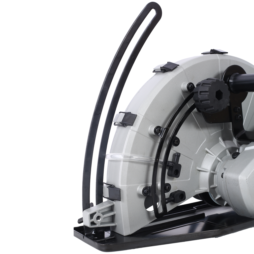 Grey portable circular saw with black handle and adjustable knob on white background