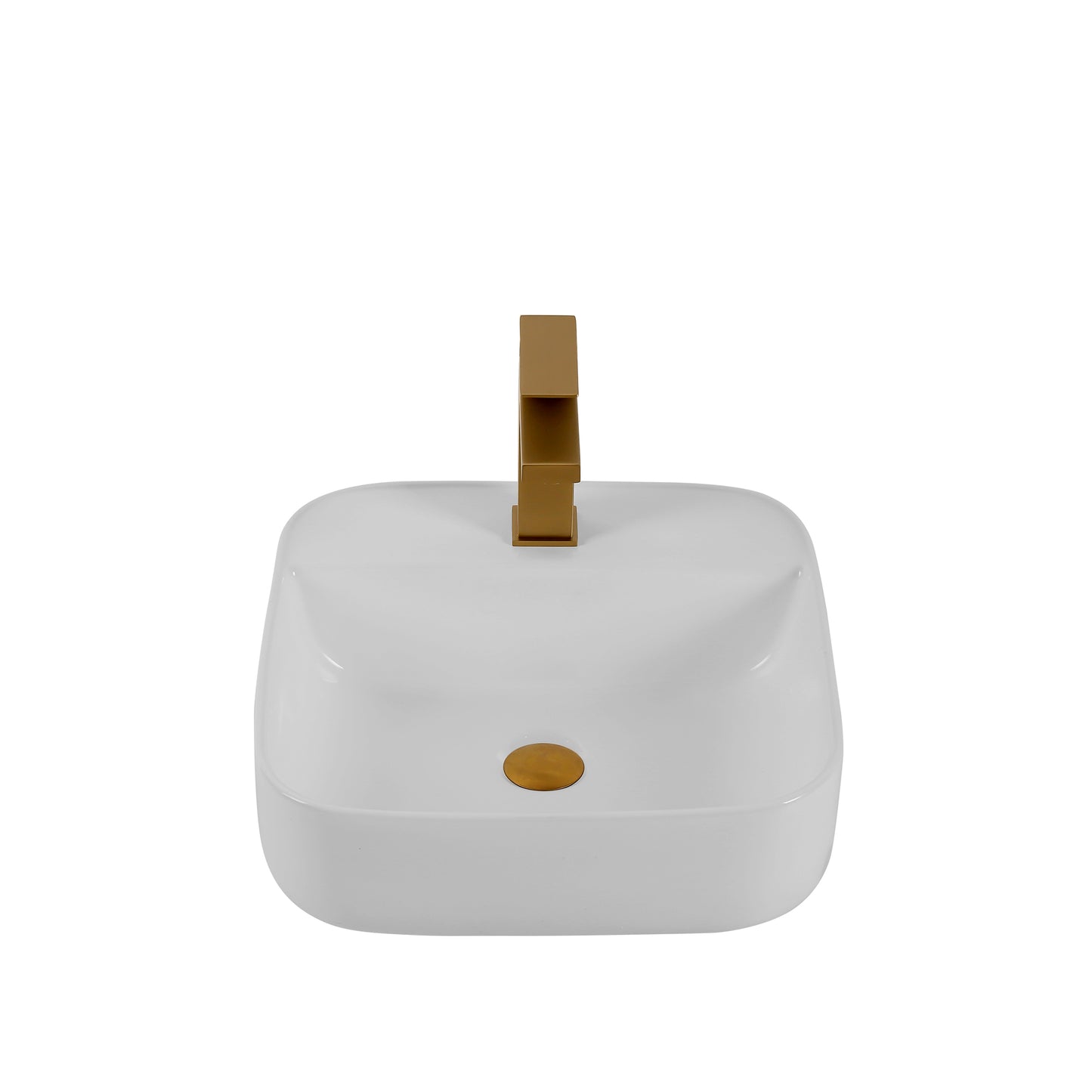White ceramic vessel sink with a modern gold faucet and matching drain