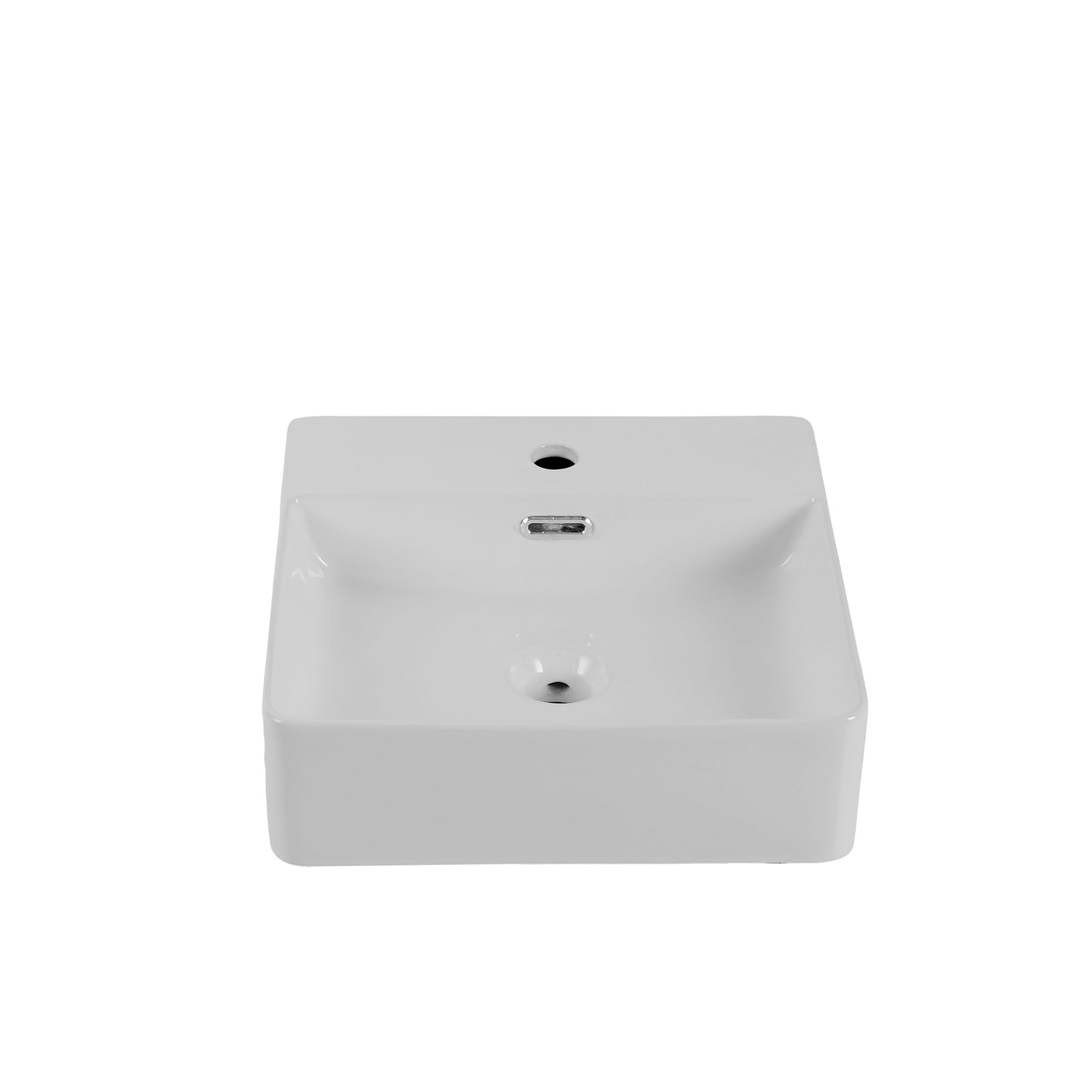 Rectangular white ceramic vessel sink with modern design and integrated overflow