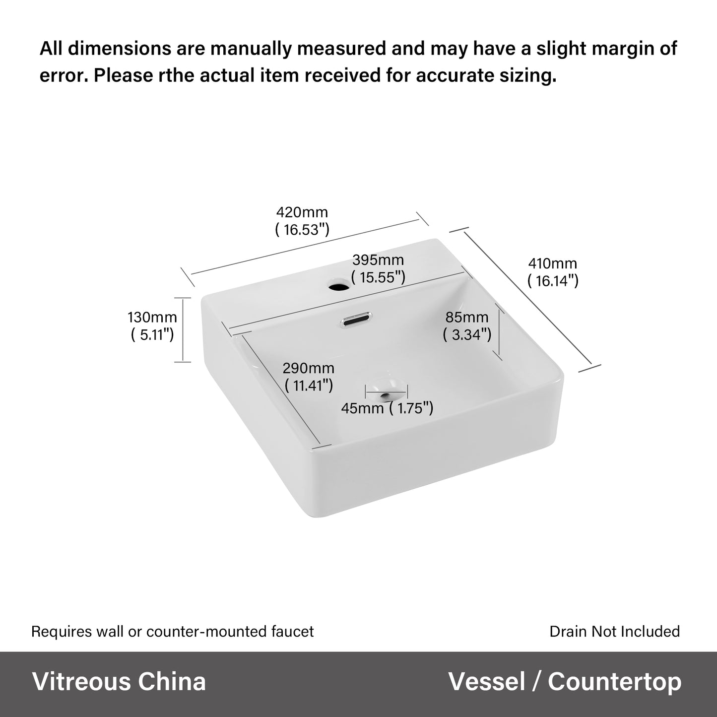 Rectangular white vitreous china vessel sink with detailed dimensions of mm x mm