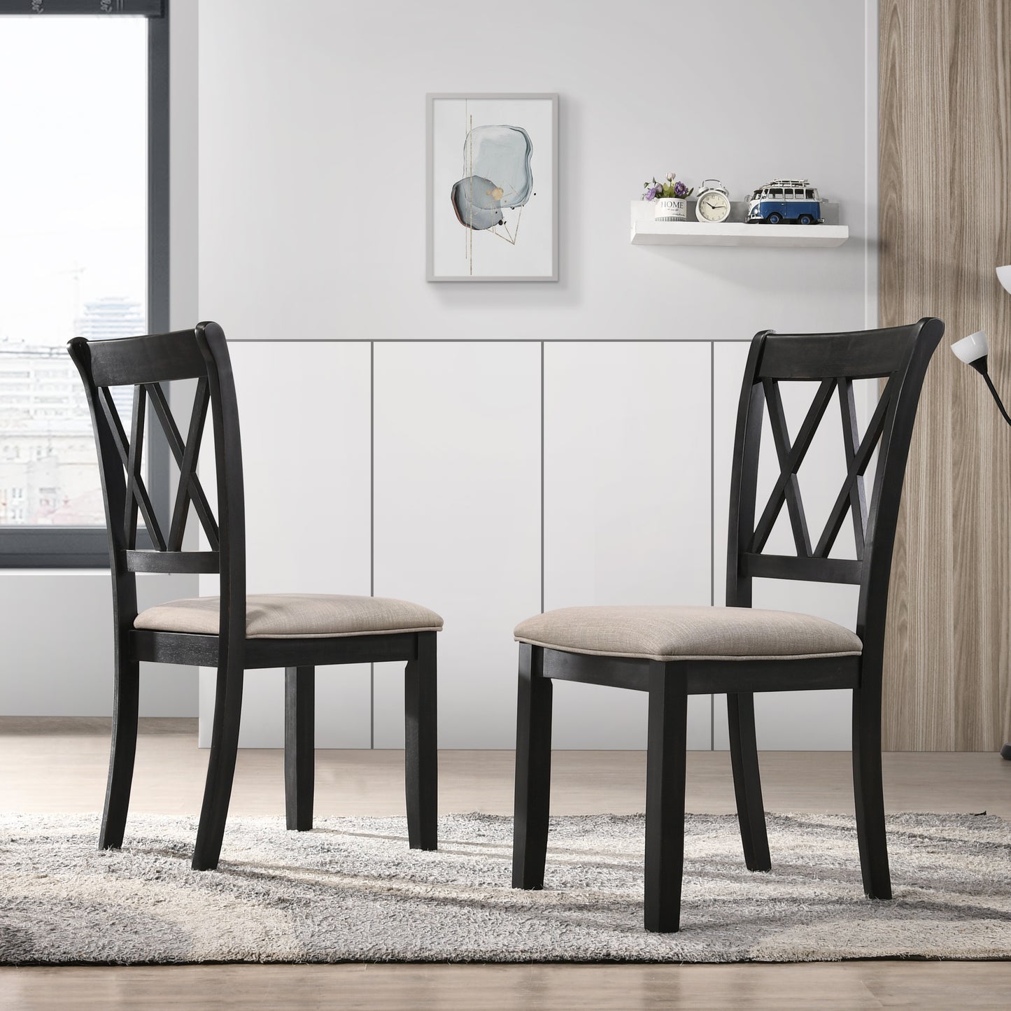 Black wooden dining chairs with Xback design and beige upholstered seats