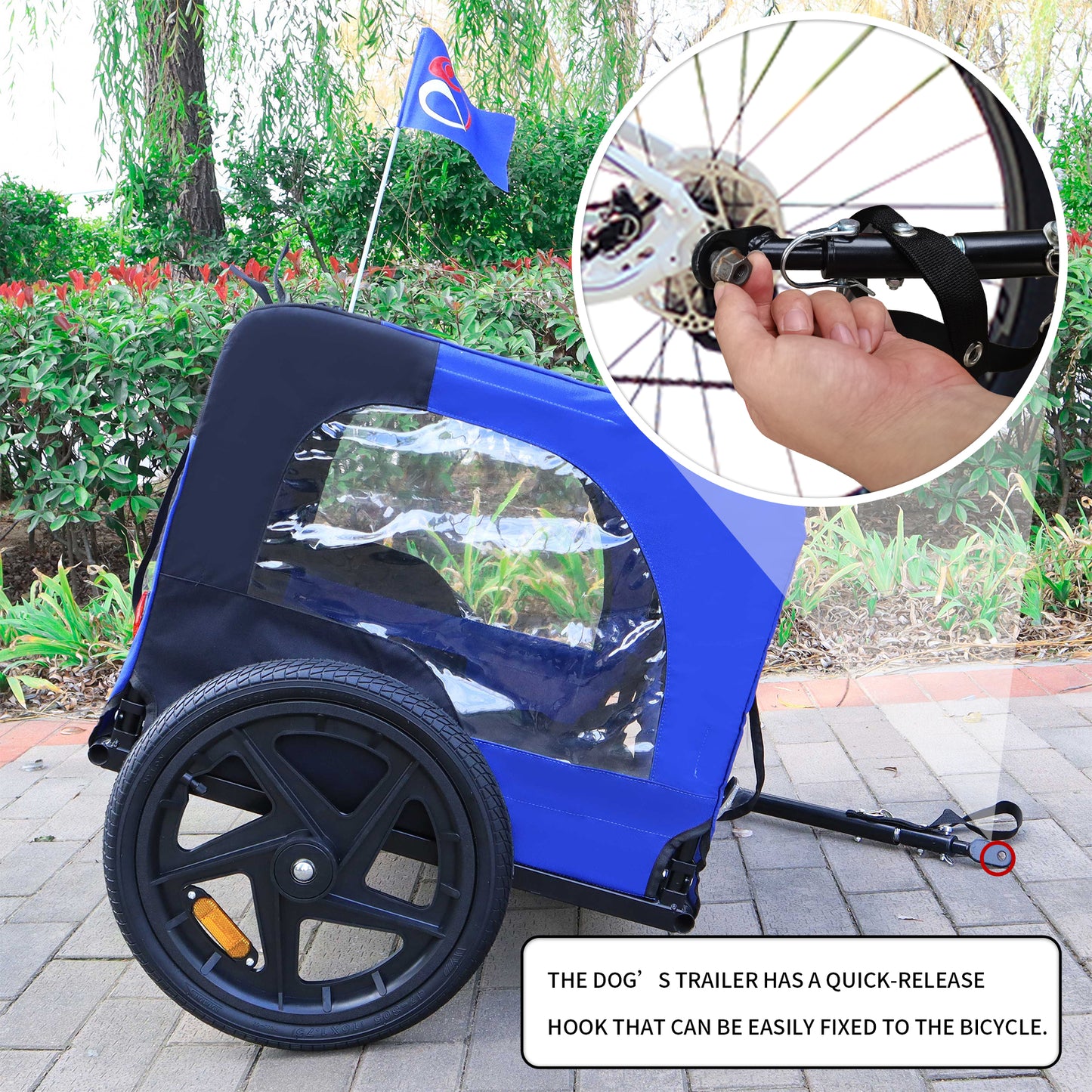 Blue fabric dog trailer with large black wheel and safety flag for bike attachment
