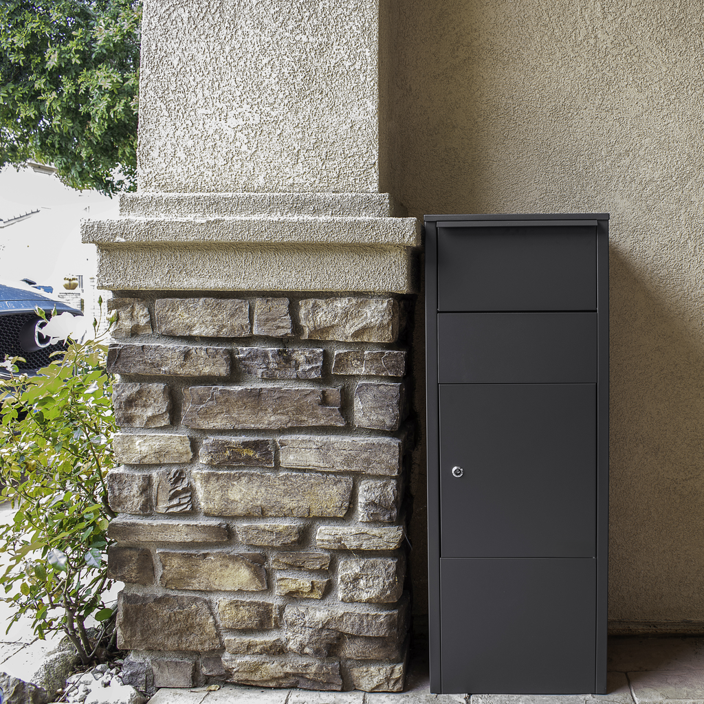 Modern charcoal gray parcel mailbox with secure lock ideal for home delivery
