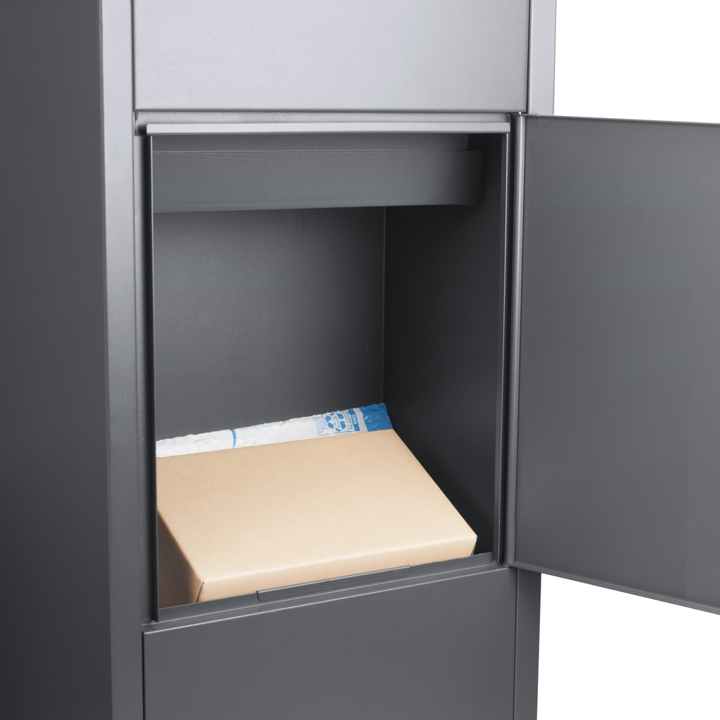 Modern grey parcel drop box with an open compartment revealing a cardboard package