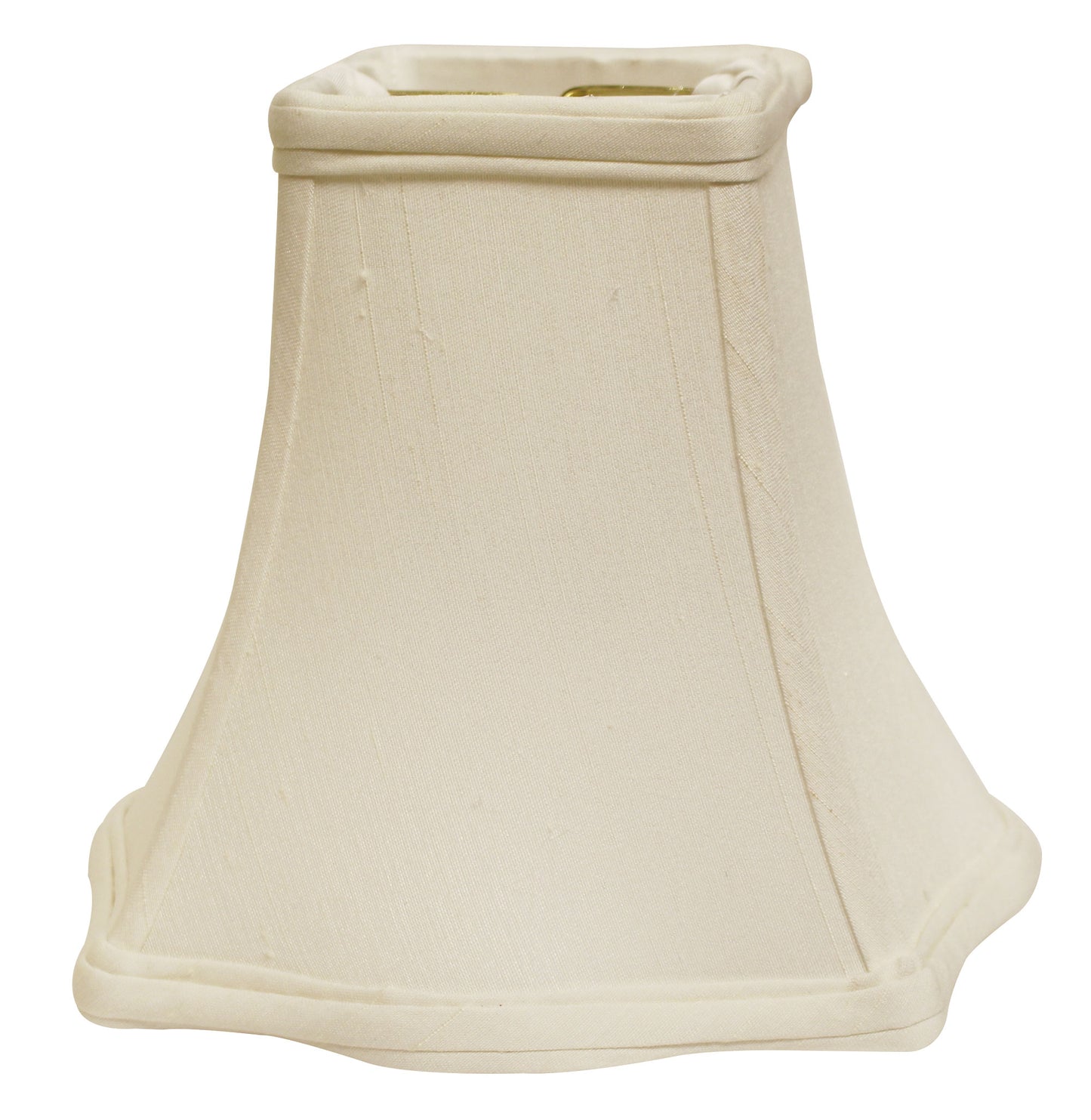 Square empire lampshade in offwhite linen fabric with pleated detail and brass spider fitter