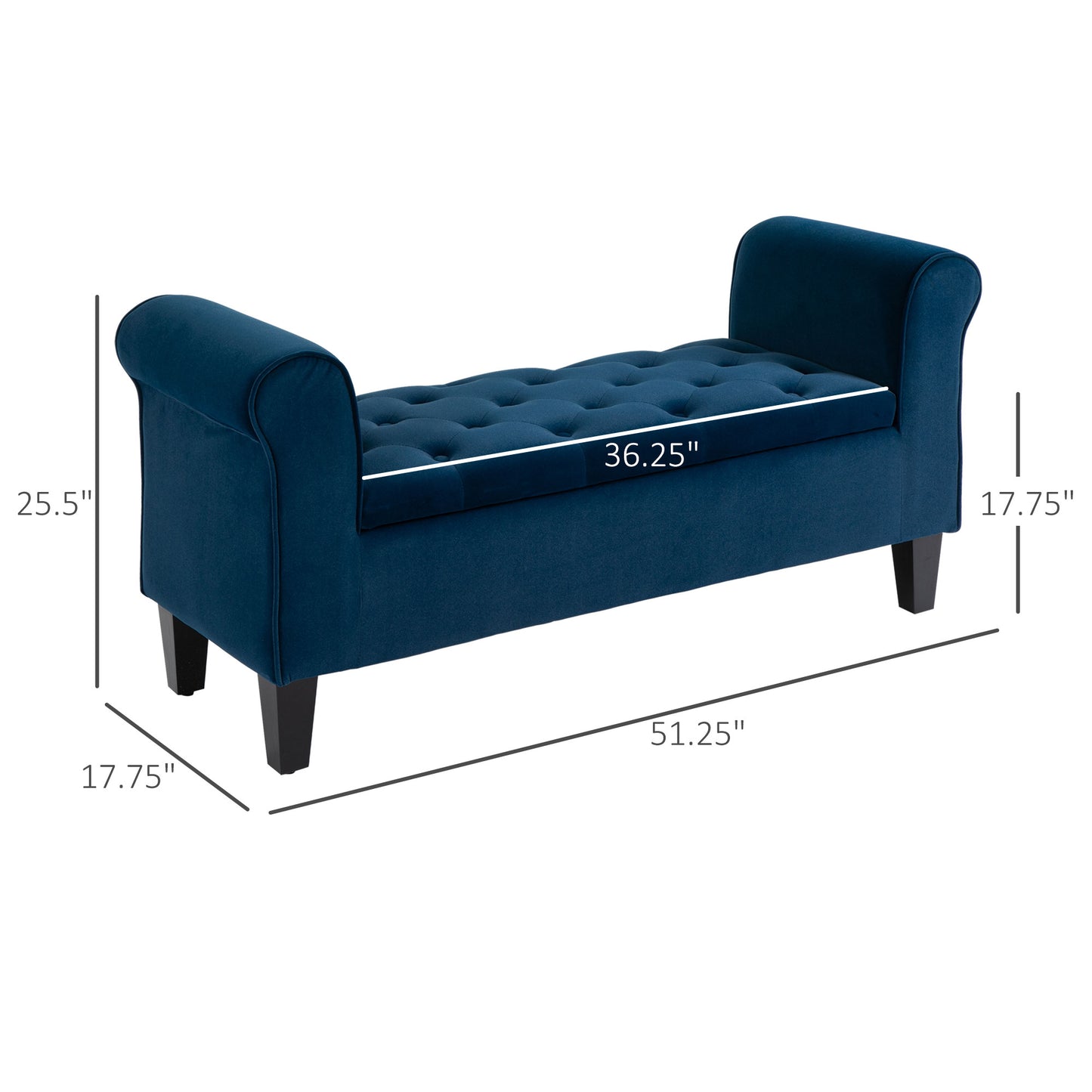 Deep blue velvet storage bench with tufted seat and rolled arms