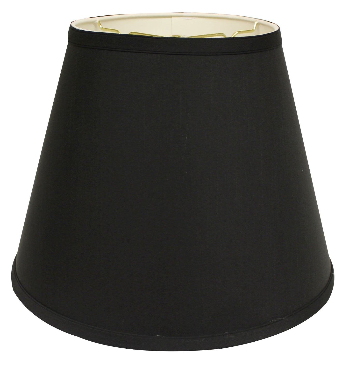 Classic black fabric lampshade with a flared bell shape and brass hardware accents