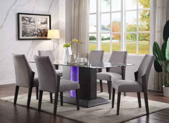 Modern grey upholstered dining chair with dark wood legs